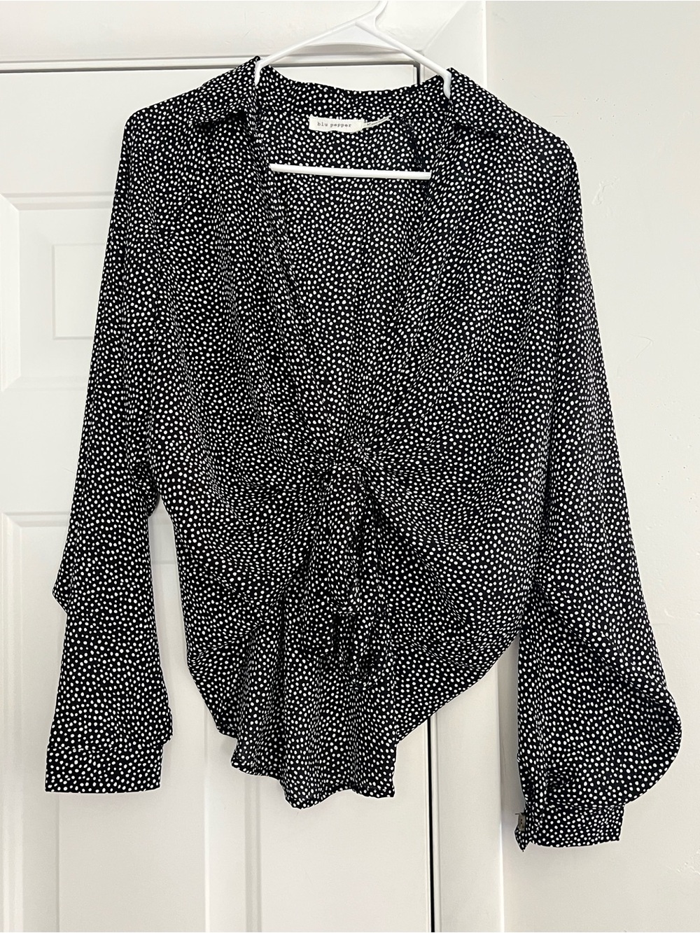 Blu Pepper Black and White Polka Dot V-Neck tie front Blouse